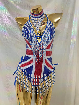 Women's Blue, Red, White Sequin Beaded Fringe Union Jack Halterneck Rave Dance Top