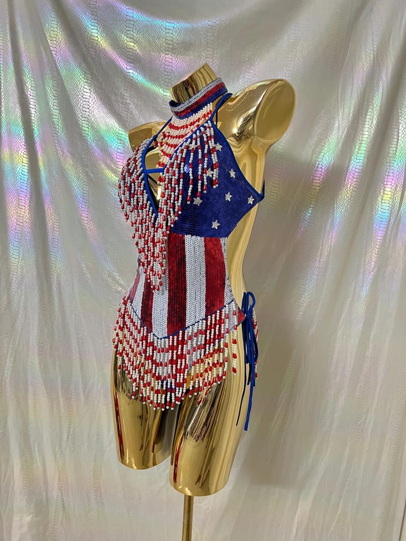 Women's Blue, Red, White Sequin Beaded Fringe Union Jack Halterneck Rave Dance Top