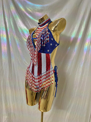 Women's Blue, Red, White Sequin Beaded Fringe Union Jack Halterneck Rave Dance Top