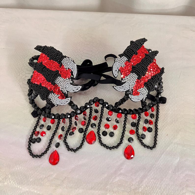 Dance Bra Top, Women's Black and Red Sequin Beaded Claw Fringe Belly Dance Costume