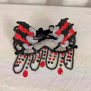 Dance Bra Top, Women's Black and Red Sequin Beaded Claw Fringe Belly Dance Costume