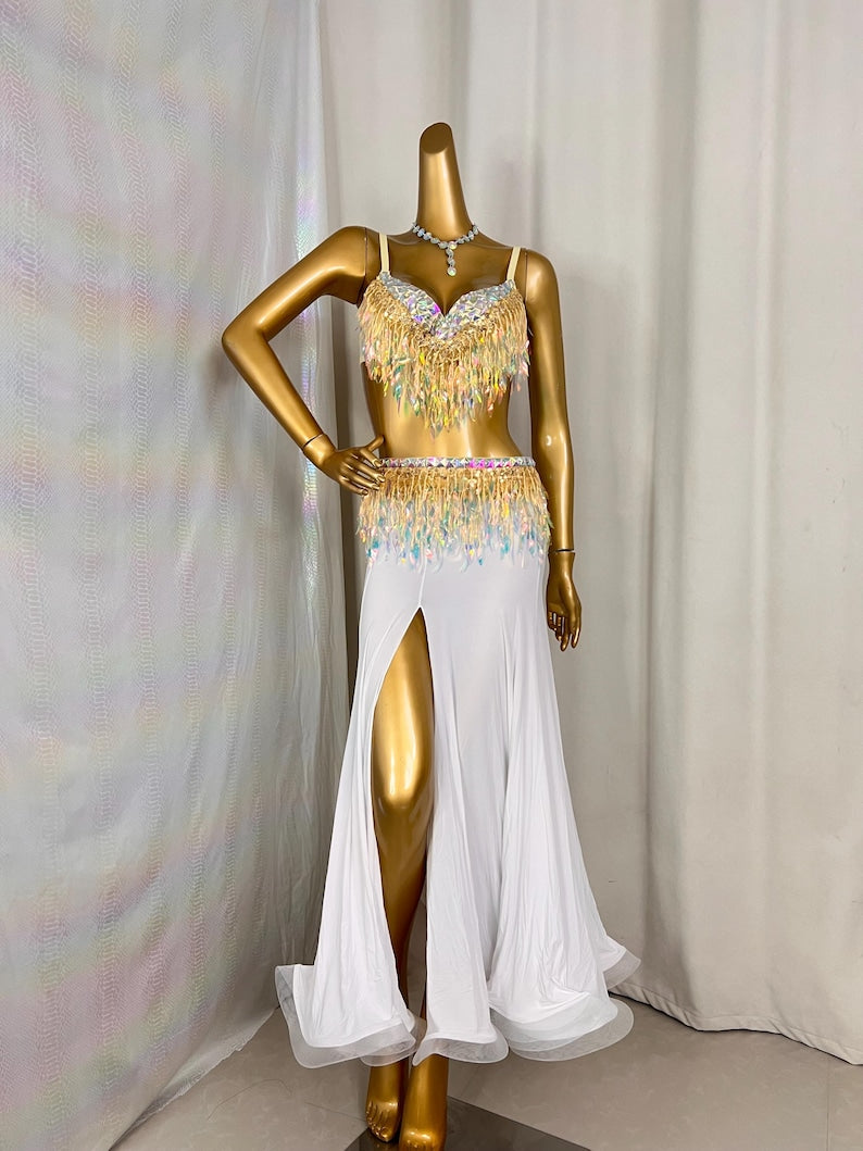 Women's White & Gold Sequin Fringe Slit Belly Dance Costume
