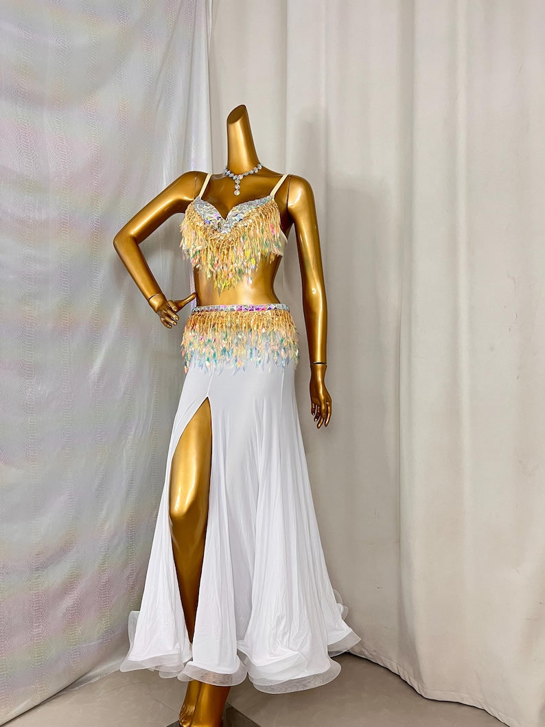Women's White & Gold Sequin Fringe Slit Belly Dance Costume