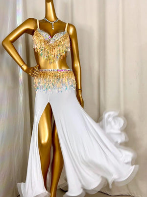 Women's White & Gold Sequin Fringe Slit Belly Dance Costume