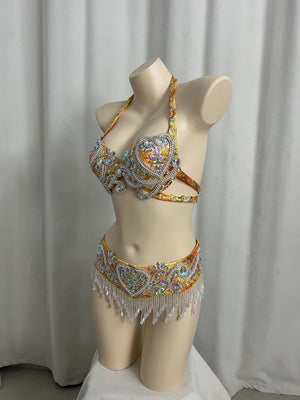 Belly Dance Costume, Women's Orange & Gold Sequin & Bead Embellished Halter Bra Top & Hip Scarf with Fringe, Tribal Fusion Dancewear