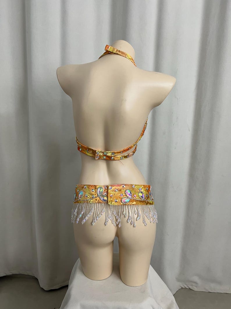 Belly Dance Costume, Women's Orange & Gold Sequin & Bead Embellished Halter Bra Top & Hip Scarf with Fringe, Tribal Fusion Dancewear