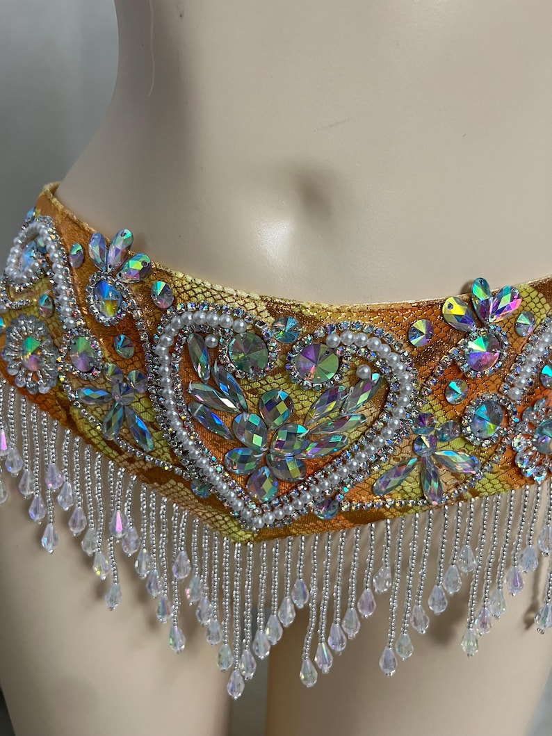 Belly Dance Costume, Women's Orange & Gold Sequin & Bead Embellished Halter Bra Top & Hip Scarf with Fringe, Tribal Fusion Dancewear