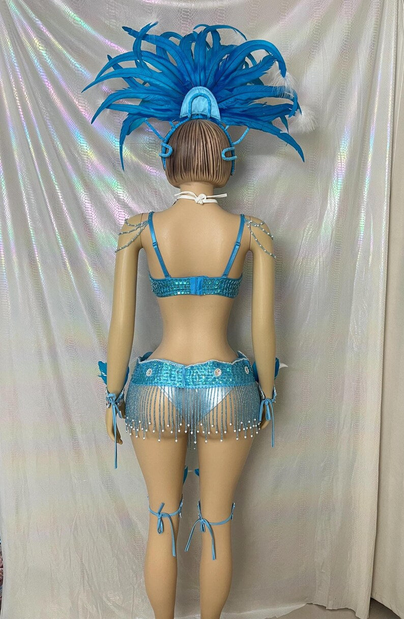 Carnival Samba Dance Costume, Women's Blue & White Sequin Feathered Headdress Bra Skirt Set, Latin Dancewear
