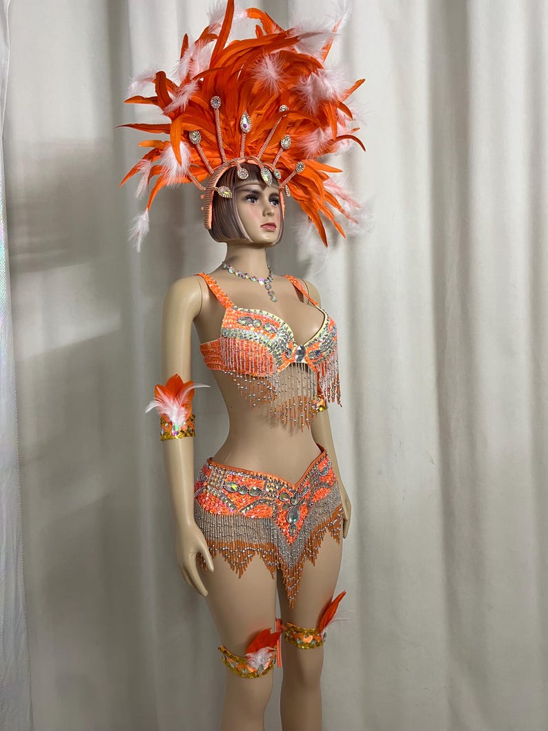 Women's Orange & White Feathered Sequin Fringe Latin Dancewear Set