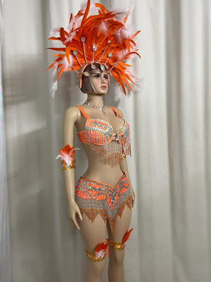 Women's Orange & White Feathered Sequin Fringe Latin Dancewear Set