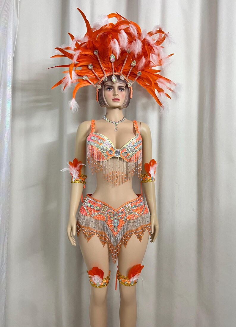 Women's Orange & White Feathered Sequin Fringe Latin Dancewear Set