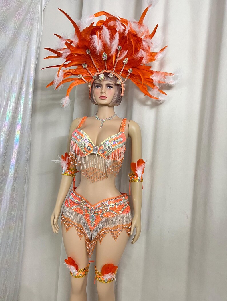 Women's Orange & White Feathered Sequin Fringe Latin Dancewear Set