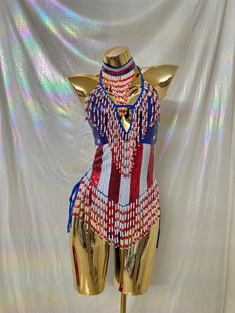 Women's Blue, Red, White Sequin Beaded Fringe Union Jack Halterneck Rave Dance Top