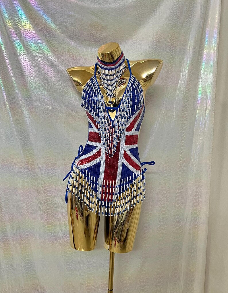 Women's Blue, Red, White Sequin Beaded Fringe Union Jack Halterneck Rave Dance Top