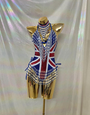 Women's Blue, Red, White Sequin Beaded Fringe Union Jack Halterneck Rave Dance Top