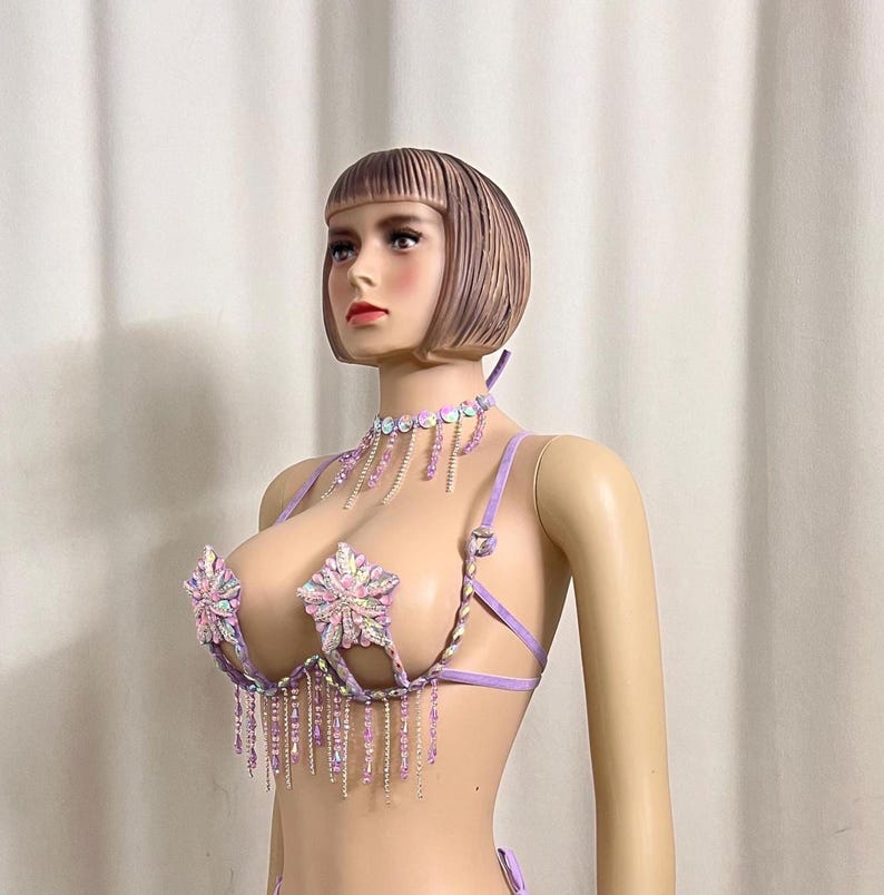 Women's Lavender Crystal Beaded Fringe Rave Dance Costume Set