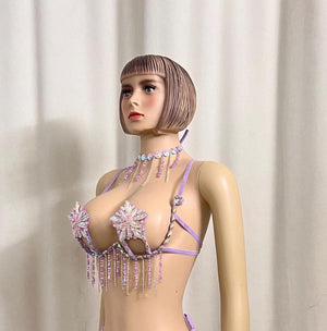 Women's Lavender Crystal Beaded Fringe Rave Dance Costume Set