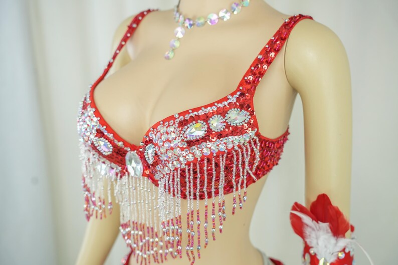 Carnival Dance Costume, Women's Red & Silver Sequin Beaded Feather Headdress Bra Shorts Set, Samba/Rumba/Latin Dancewear