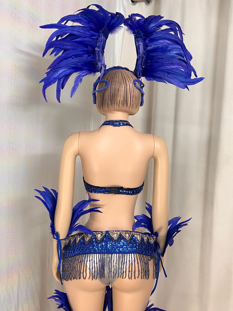 Women's Blue Feathered Sequin Beaded Carnival Samba Dance Costume Set