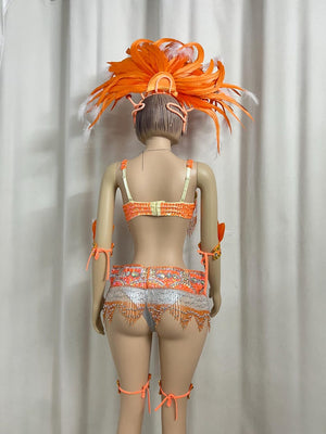 Women's Orange & White Feathered Sequin Fringe Latin Dancewear Set