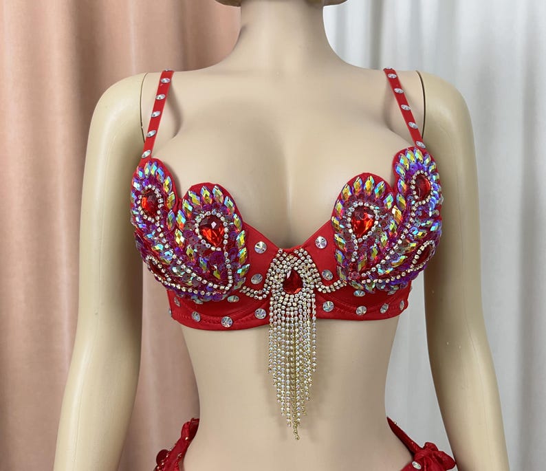 Belly Dance Bra, Women's Teal Embellished Sequin Rhinestone Peacock Design Fringe, Tribal Dance