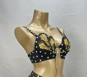 Belly Dance Bra, Women's Teal Embellished Sequin Rhinestone Peacock Design Fringe, Tribal Dance