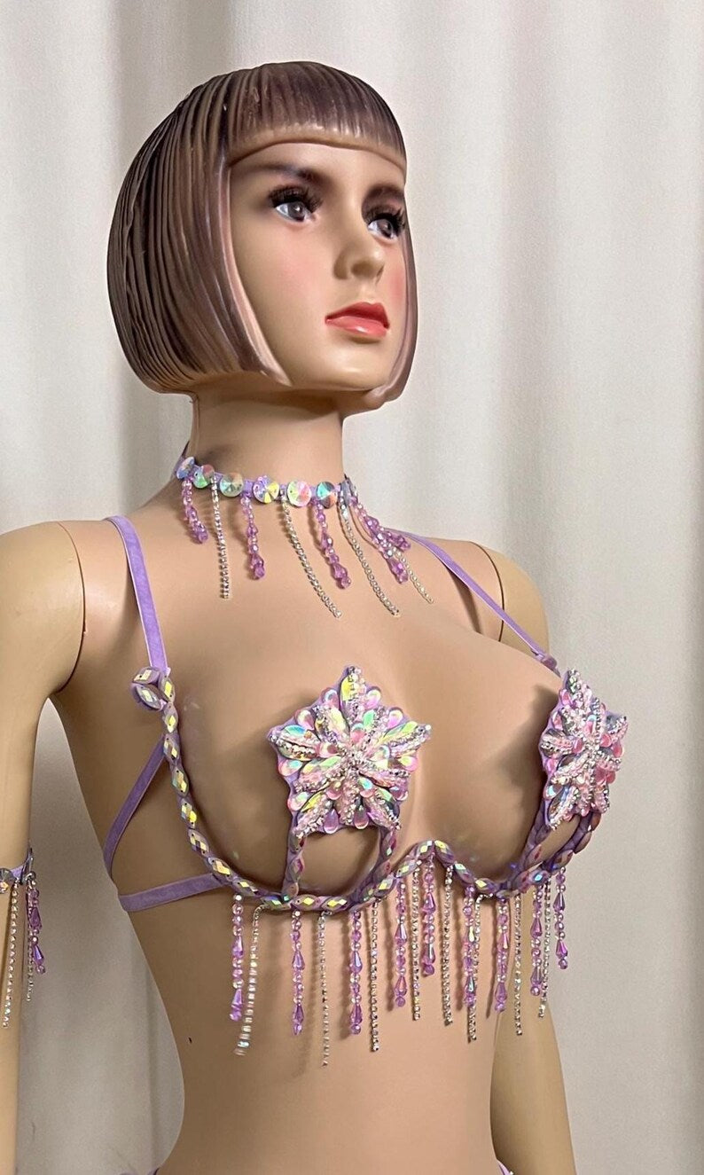 Women's Lavender Crystal Beaded Fringe Rave Dance Costume Set