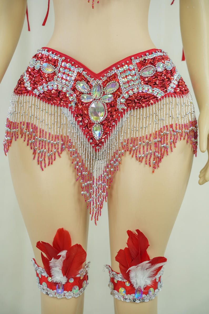 Carnival Dance Costume, Women's Red & Silver Sequin Beaded Feather Headdress Bra Shorts Set, Samba/Rumba/Latin Dancewear