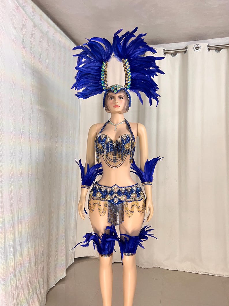 Women's Blue Feathered Sequin Beaded Carnival Samba Dance Costume Set