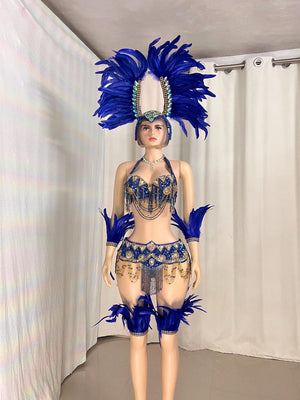 Women's Blue Feathered Sequin Beaded Carnival Samba Dance Costume Set