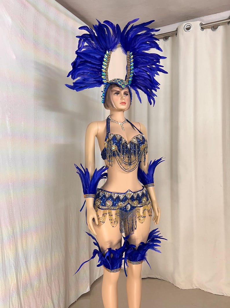 Women's Blue Feathered Sequin Beaded Carnival Samba Dance Costume Set