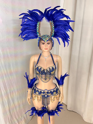 Women's Blue Feathered Sequin Beaded Carnival Samba Dance Costume Set