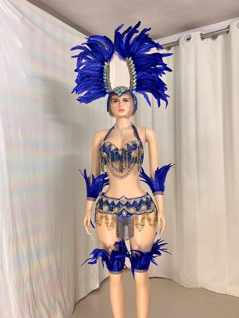 Women's Blue Feathered Sequin Beaded Carnival Samba Dance Costume Set