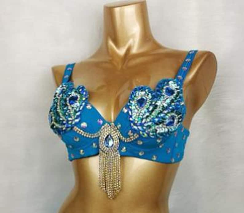 Belly Dance Bra, Women's Teal Embellished Sequin Rhinestone Peacock Design Fringe, Tribal Dance