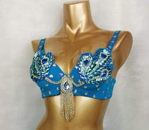 Belly Dance Bra, Women's Teal Embellished Sequin Rhinestone Peacock Design Fringe, Tribal Dance