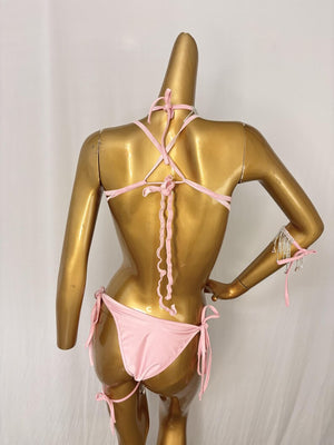 Women's Pink Swan Embellished Rhinestone Fringe Bikini Set - Latin Dance