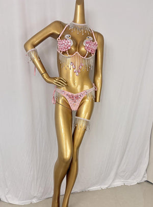 Women's Pink Swan Embellished Rhinestone Fringe Bikini Set - Latin Dance
