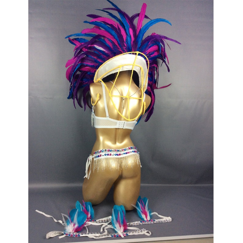 Carnival Dance Costume Women's White with Blue Magenta Feather Headdress, Sequin Bra & Bikini Bottom, Fringe Trim, Latin Samba