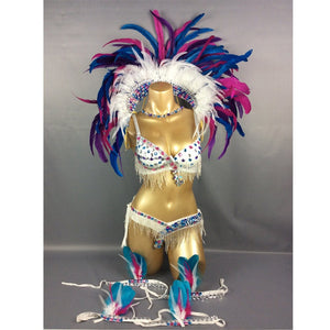 Carnival Dance Costume Women's White with Blue Magenta Feather Headdress, Sequin Bra & Bikini Bottom, Fringe Trim, Latin Samba