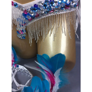 Carnival Dance Costume Women's White with Blue Magenta Feather Headdress, Sequin Bra & Bikini Bottom, Fringe Trim, Latin Samba