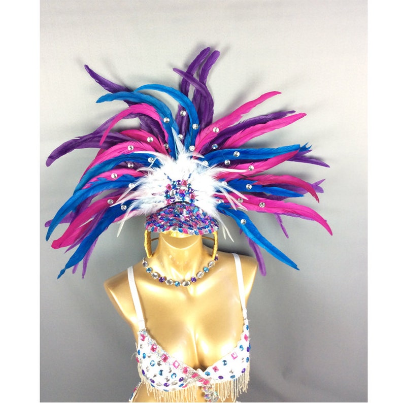 Carnival Dance Costume Women's White with Blue Magenta Feather Headdress, Sequin Bra & Bikini Bottom, Fringe Trim, Latin Samba