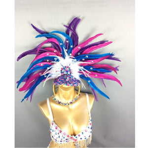 Carnival Dance Costume Women's White with Blue Magenta Feather Headdress, Sequin Bra & Bikini Bottom, Fringe Trim, Latin Samba