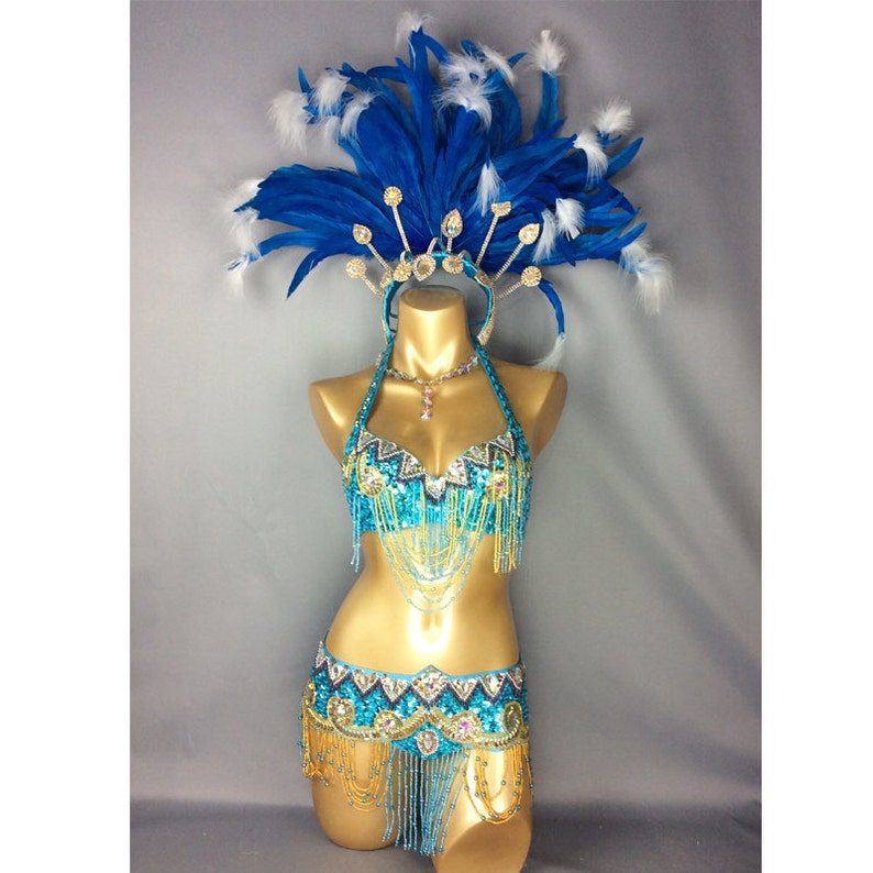 Carnival Samba Belly Dance Costume Set, Women's Blue Sequin Beaded Feather Headdress Bra Belt Skirt, Brazilian Showgirl Outfit
