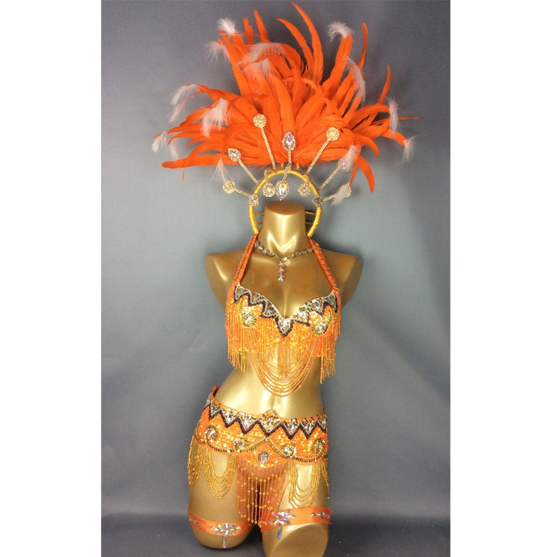 Carnival Samba Dance Costume Women's Orange Beaded Fringe Sequin Halter Bra and Skirt Set with Feather Headpiece