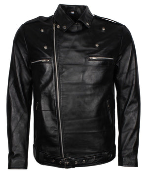 Men's Black Dead Walking Genuine Leather Jacket with Zipper and Belt Detailing