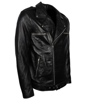 Men's Black Dead Walking Genuine Leather Jacket with Zipper and Belt Detailing