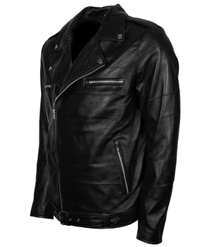 Men's Black Dead Walking Genuine Leather Jacket with Zipper and Belt Detailing