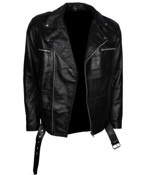 Men's Black Dead Walking Genuine Leather Jacket with Zipper and Belt Detailing