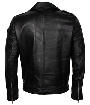 Men's Black Dead Walking Genuine Leather Jacket with Zipper and Belt Detailing