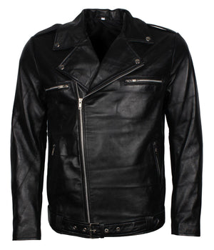 Men's Black Dead Walking Genuine Leather Jacket with Zipper and Belt Detailing